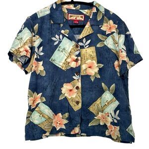 Caribbean Joe  Hawaiian shirt‎ buttonup floral  rayon colorful luau Women M